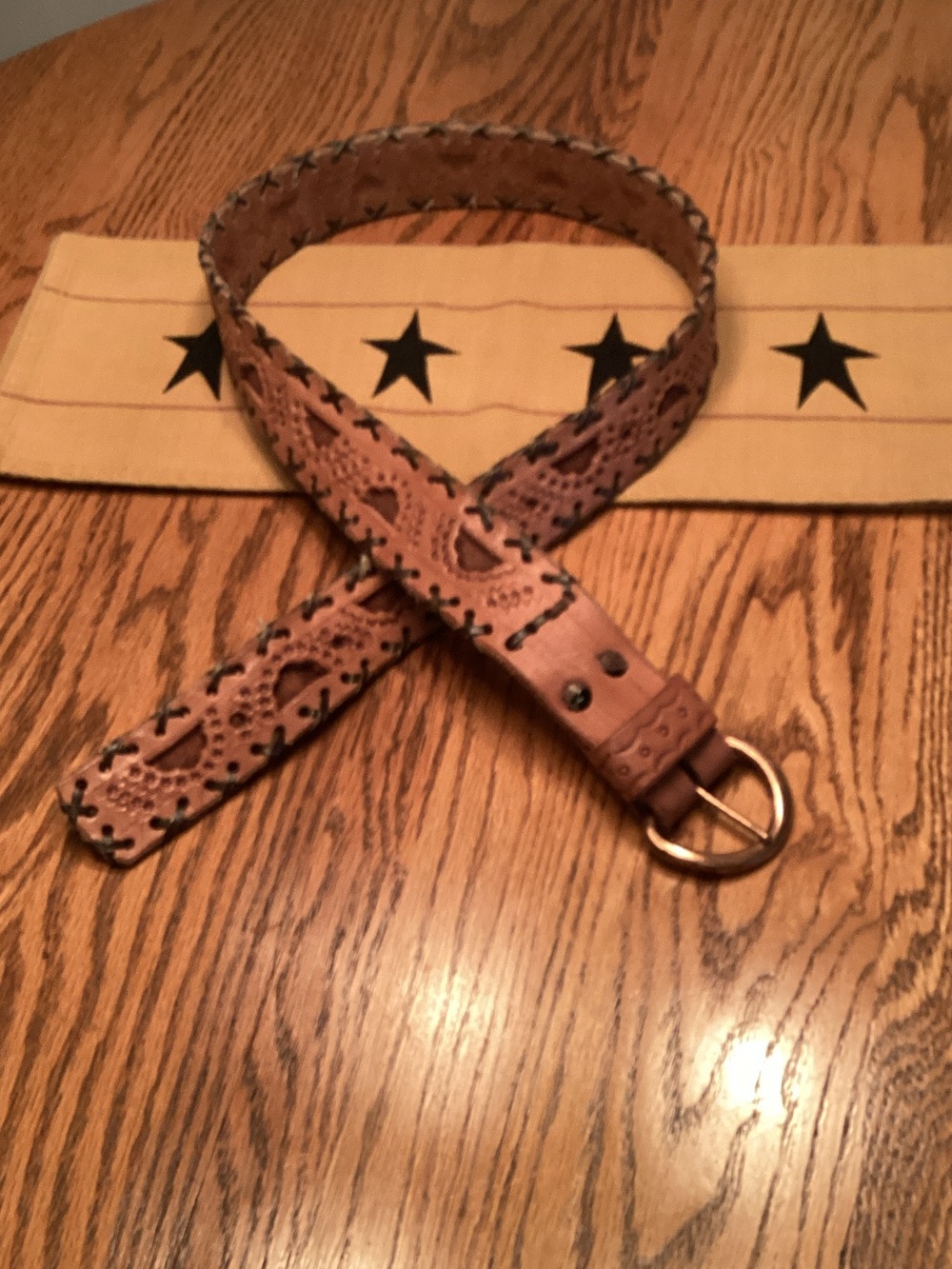 Vintage Leather Braided Cutout Belt in Tan with Gold Buckle